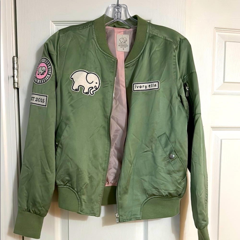 Ivory Ella Olive Green Bomber Jacket with Patches
